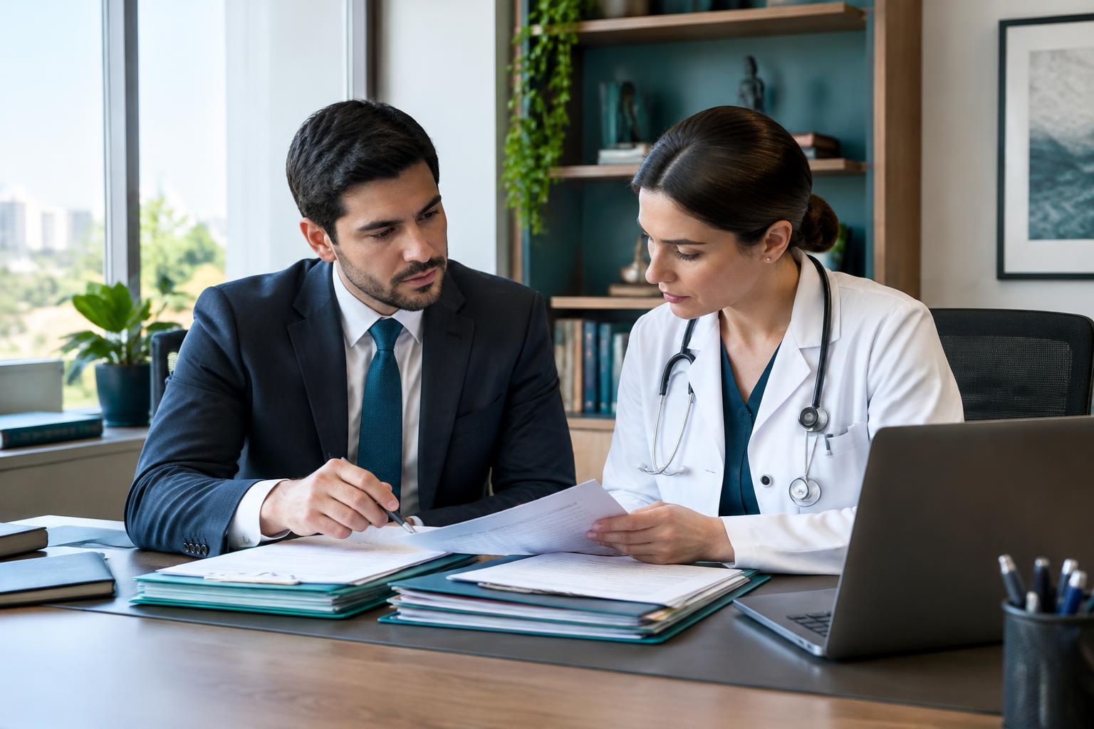 Advogado e médica revisando documentação médico-pericial em conjunto