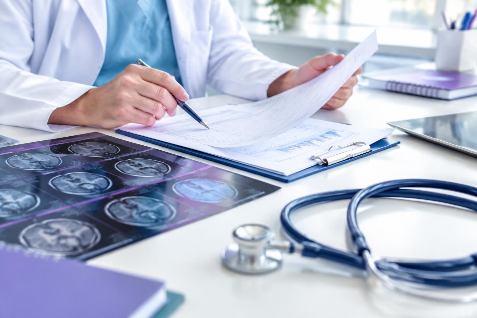 Médico revisando laudo detalhado e exames complementares
