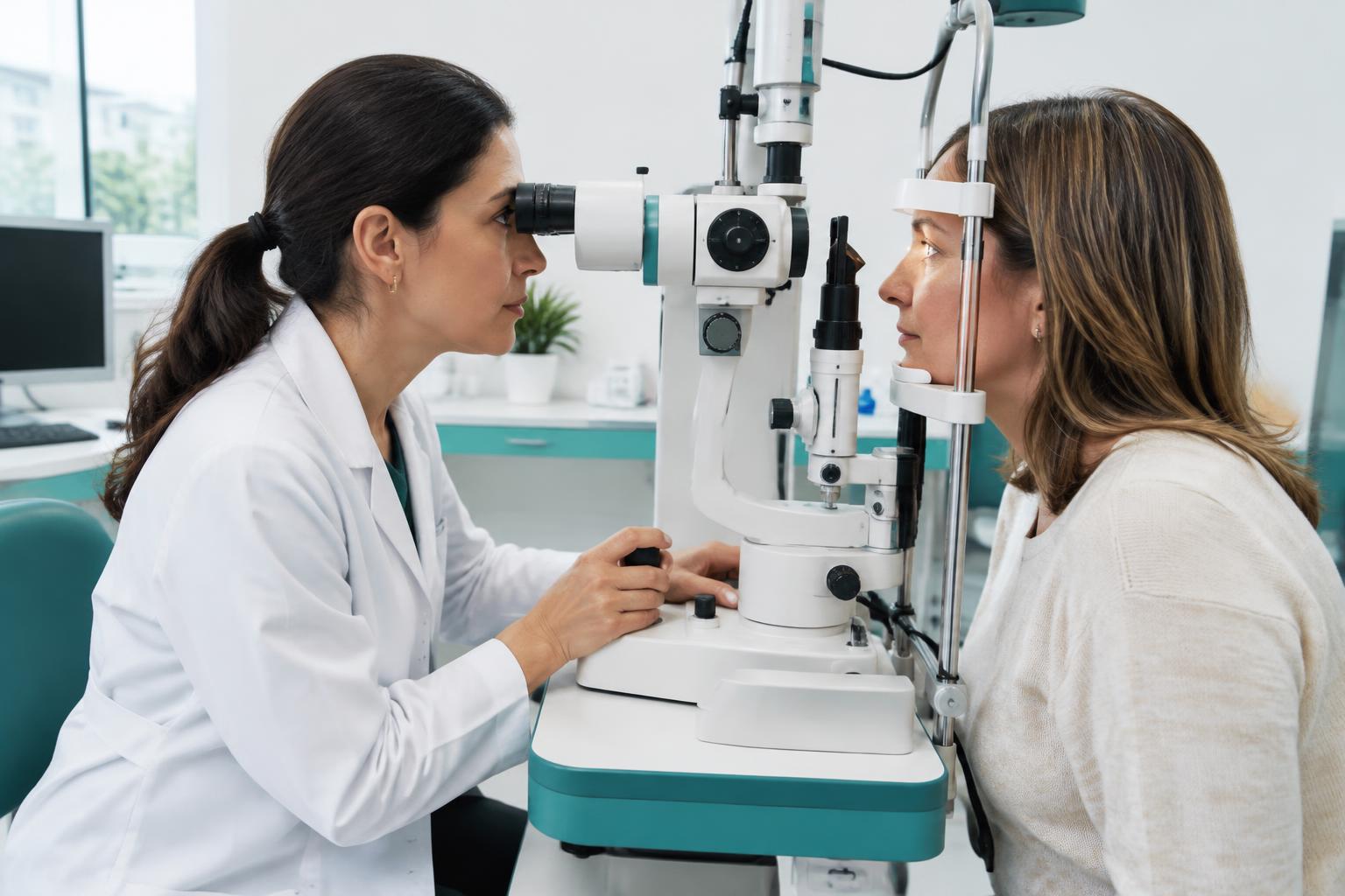 Oftalmologista examinando a visão de uma paciente com lâmpada de fenda
