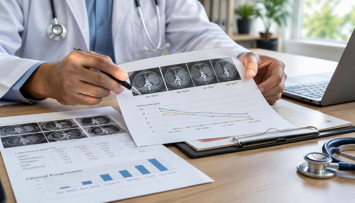 médico analisando exames sequenciais e prontuário com evolução de quadro clínico