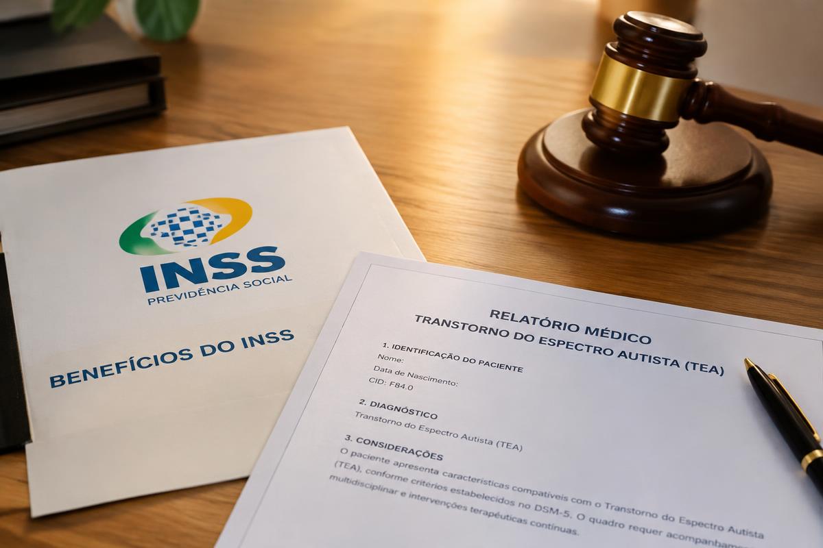 documentos de benefícios do INSS e relatório médico sobre TEA ao lado de martelo de juiz