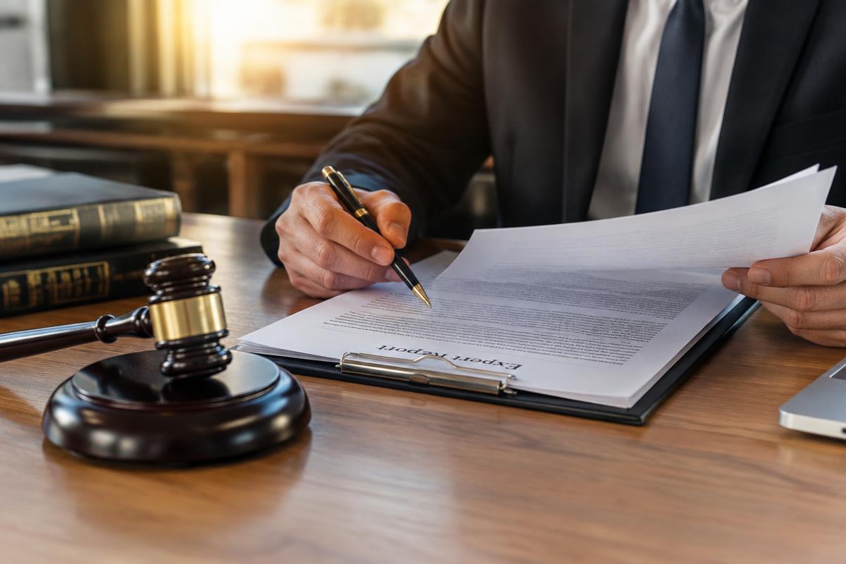 advogado analisando laudo pericial com caneta e martelo judicial sobre mesa de madeira