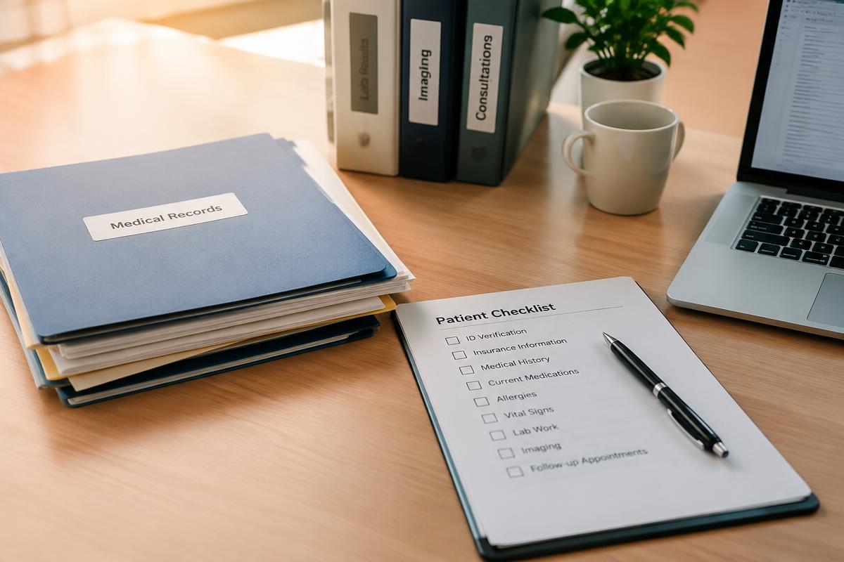 pastas de documentos médicos organizadas ao lado de checklist e notebook sobre mesa de escritório