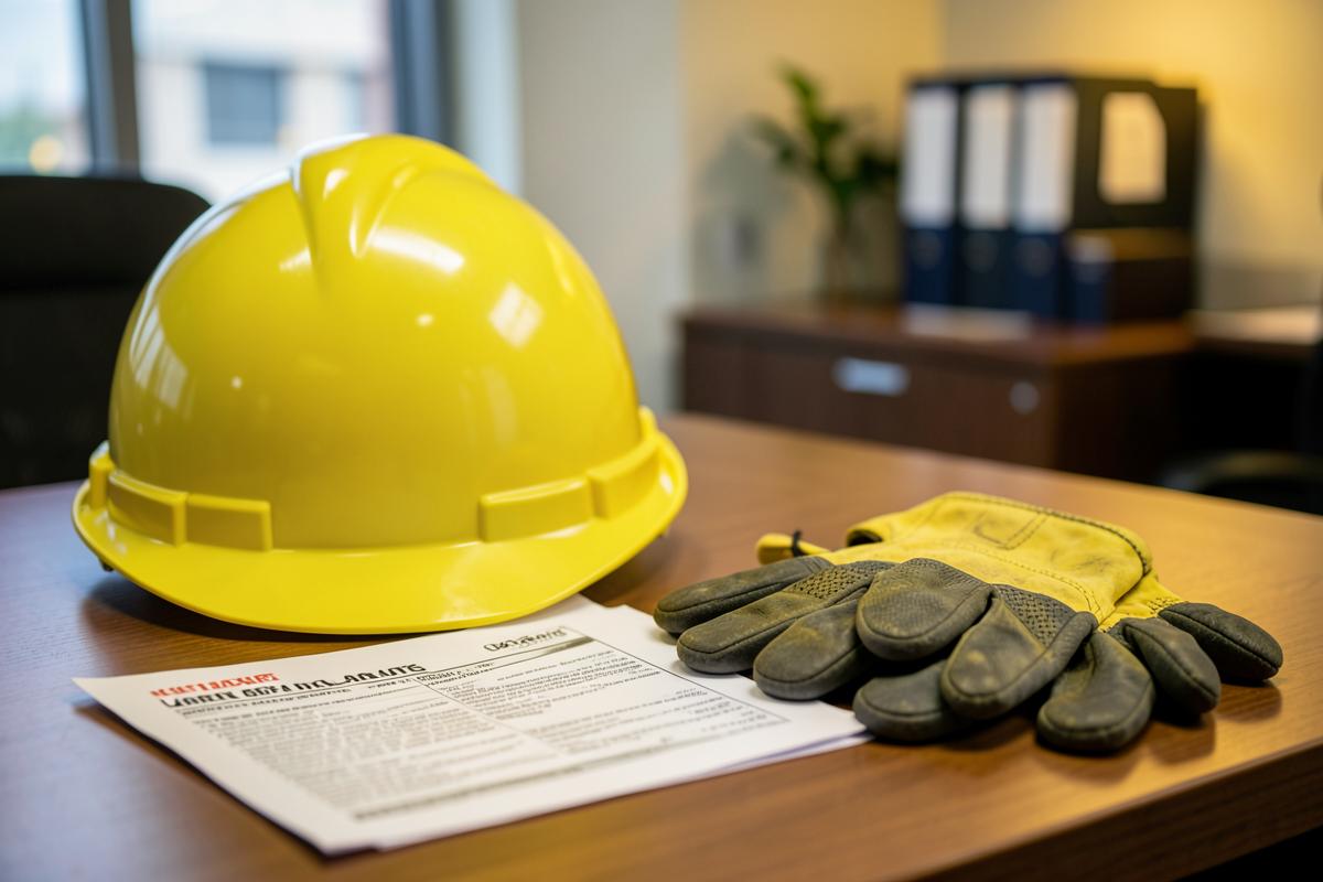 capacete de segurança e luvas sobre documentos trabalhistas em mesa de escritório