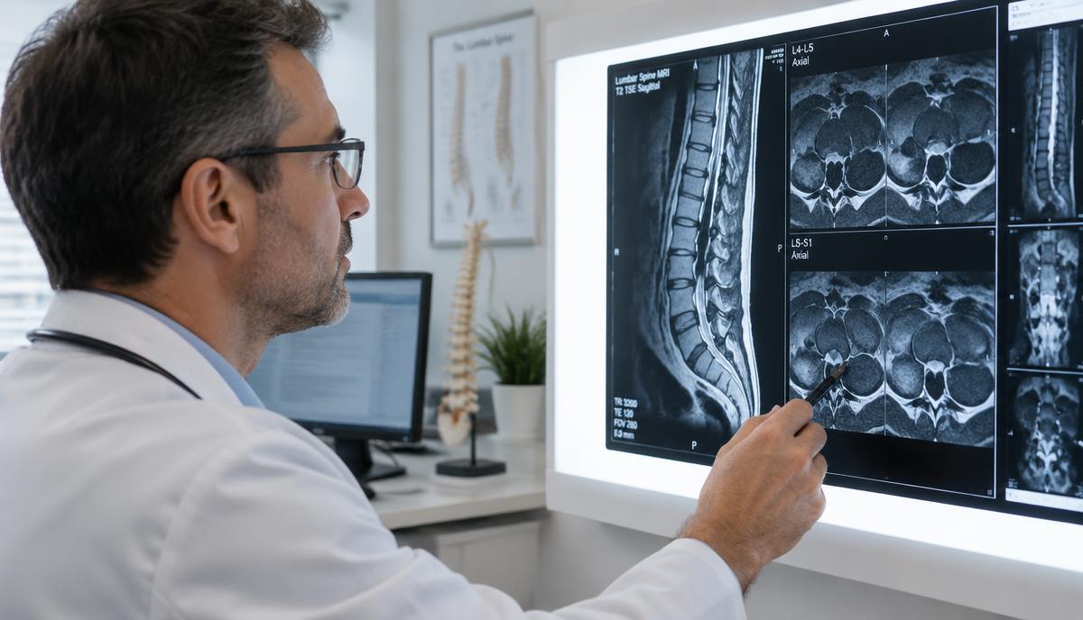 médico avaliando ressonância magnética da coluna lombar