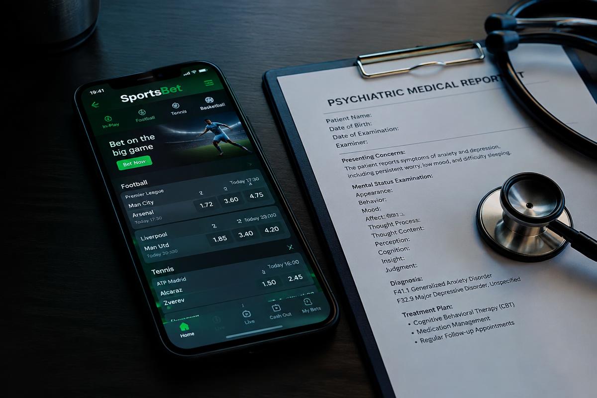 celular com aplicativo de apostas esportivas ao lado de relatório médico psiquiátrico e estetoscópio