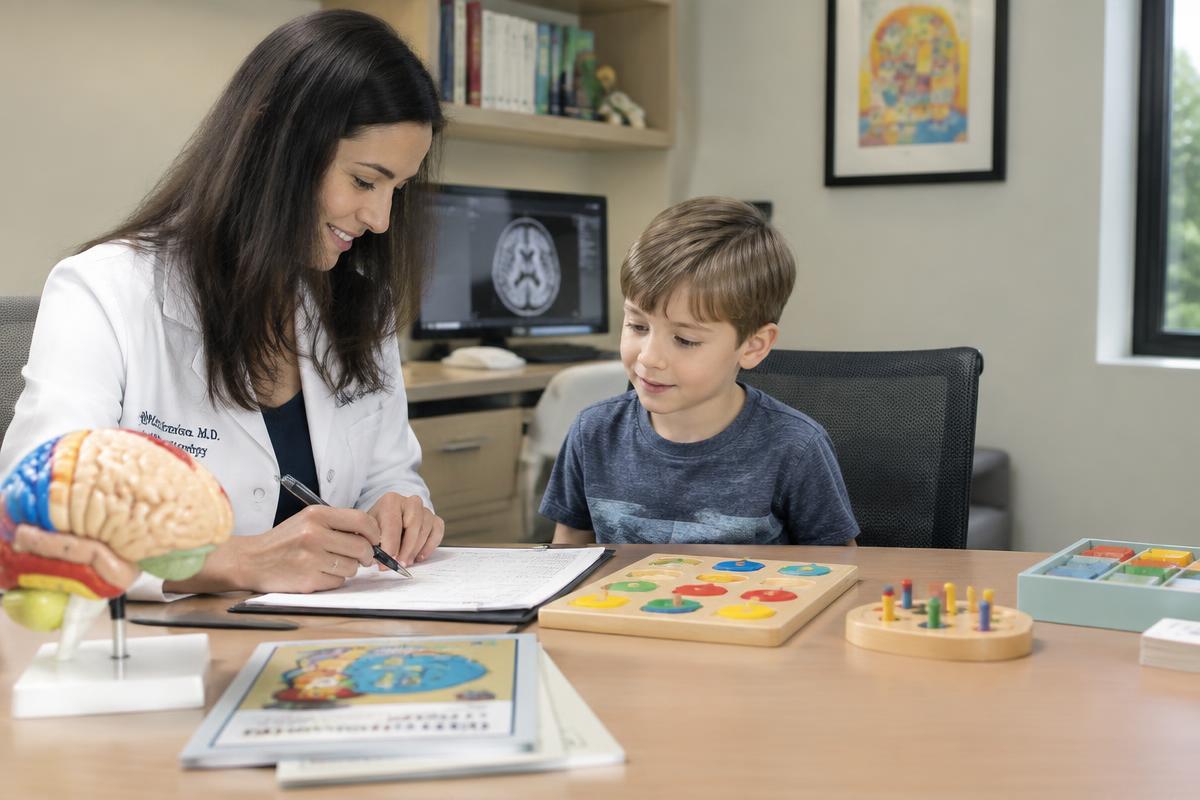 neurologista pediátrica avaliando criança com materiais de desenvolvimento em consultório