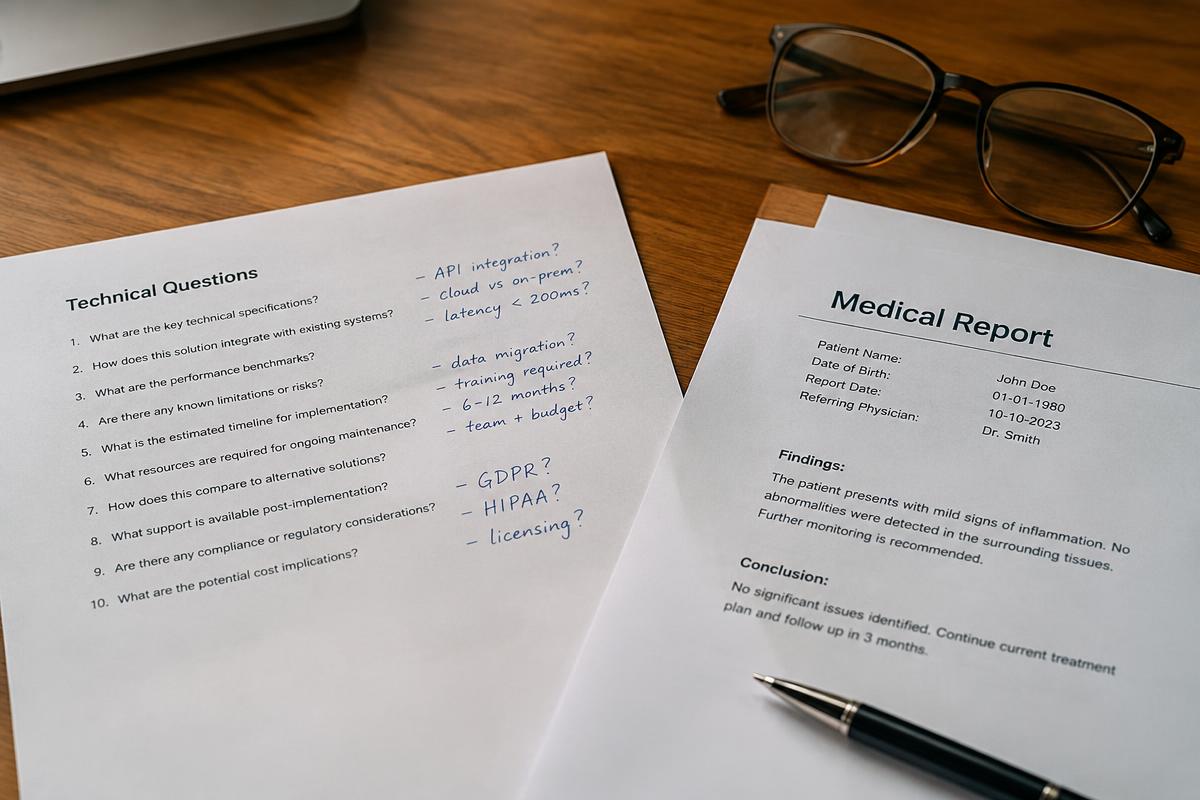 lista impressa de quesitos técnicos com anotações ao lado de laudo médico e óculos