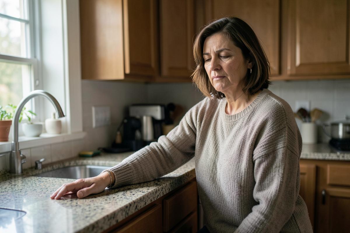 mulher de meia-idade apoiada na bancada da cozinha demonstrando dor crônica